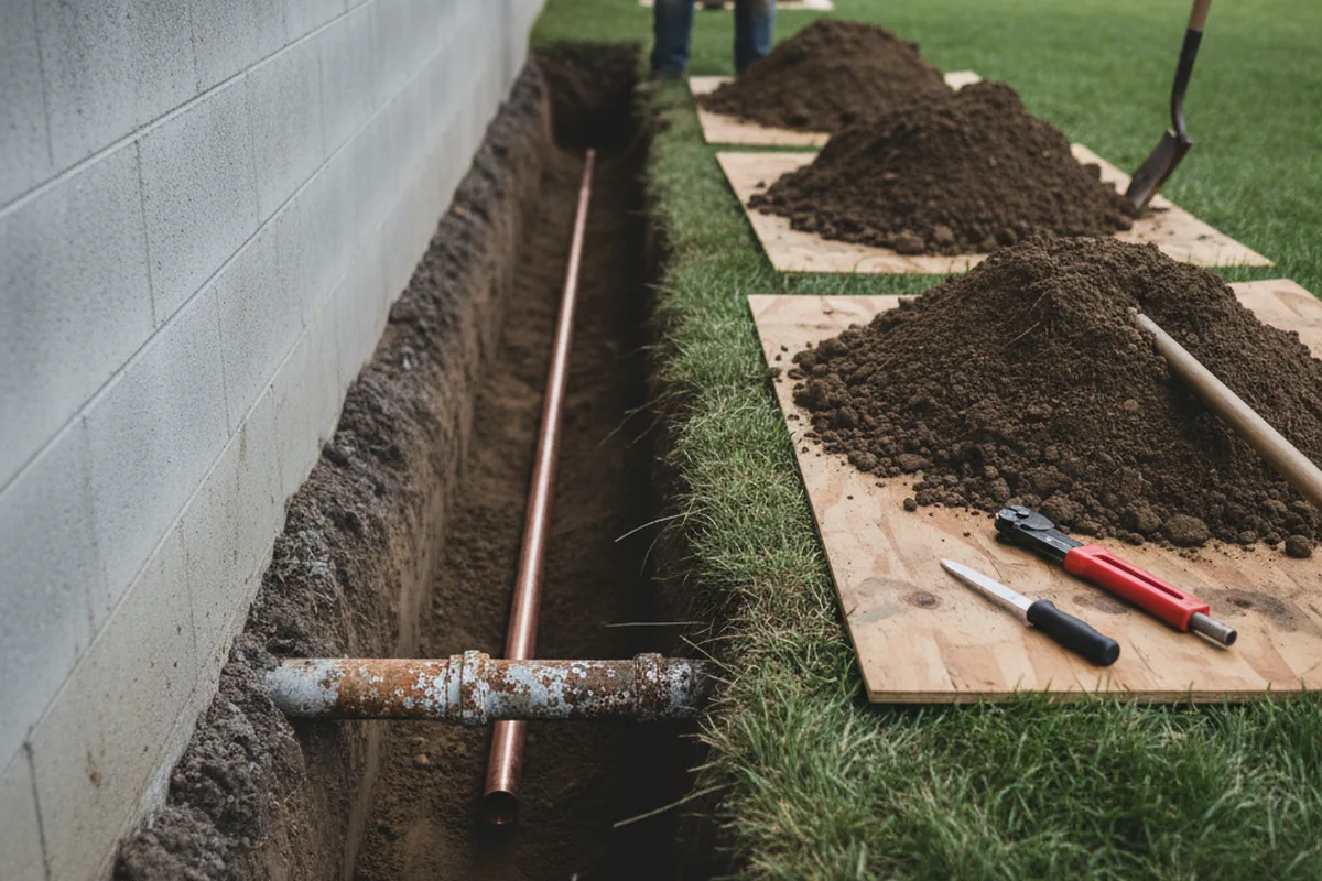 Excavated water line trench during Water Heater Repair in Union Point